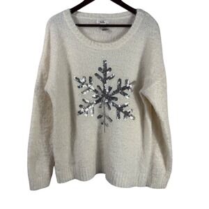 Isela Ivory Fuzzy Knit Silver Sequin Snowflake Women's Sweater XL Winter Cozy